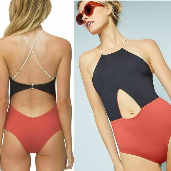 TAVIK Lela One Piece Cut Out SWIMSUIT Size XS Black Rust Orange NEW $146 - Picture 1 of 9